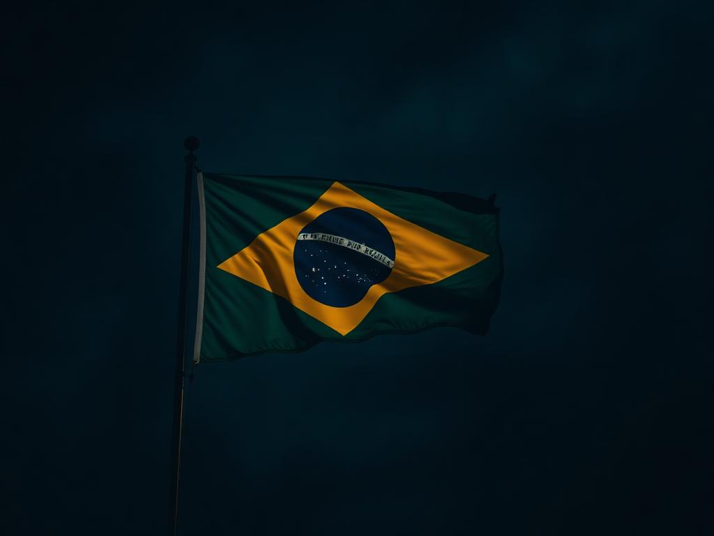 Bandeira do Brasil ao vento em fundo escuro