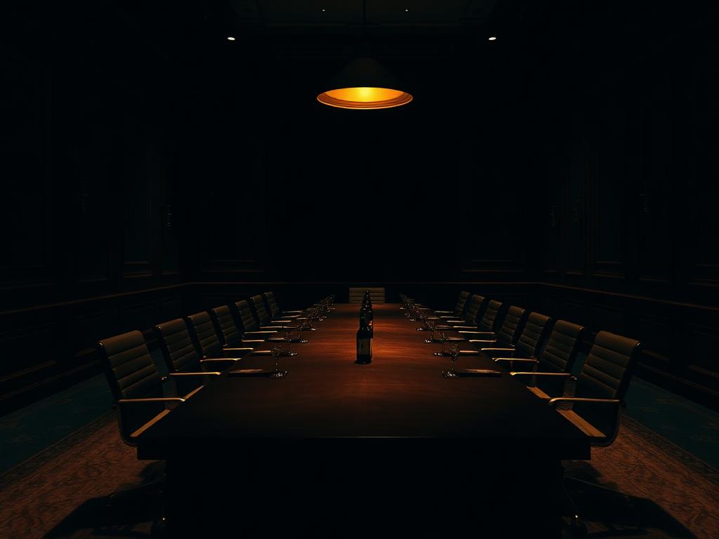 Sala de reunião institucional com iluminação dourada
